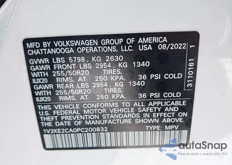 2023 Volkswagen Atlas Cross Sport 3.6L V6 Se W/Technology z USA, uszkodzony, nr VIN 1V2KE2CA0PC200832